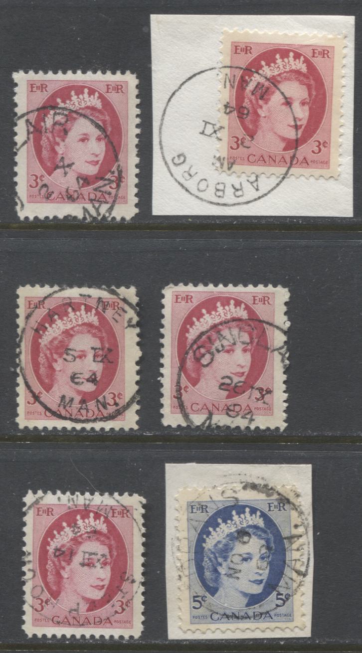 Lot 509 Canada #339p, 341p 3c  Carmine Rose & Bright Ultramarine Queen Elizabeth II, 1954-1962  Wilding Issue, 6 VF Used Singles, Winnipeg Tagged, With SON Dated CDS Town Cancels & In-Period