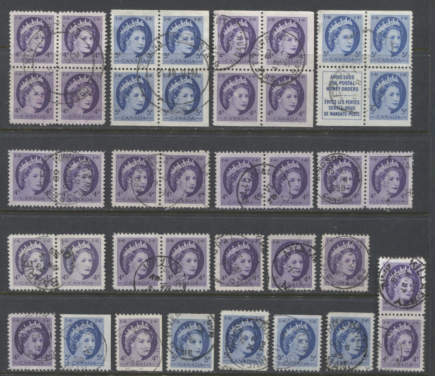 Lot 510 Canada #340, 340as, 341as 4c-5c Violet & Bright Blue Queen Elizabeth II, 1954-1962  Wilding Issue, 10 VF Used Singles, Blocks of 4, 3 Booklet Blocks of 3, & 7 Pairs, With SON Dated CDS Town/RPO Cancels & In-Period