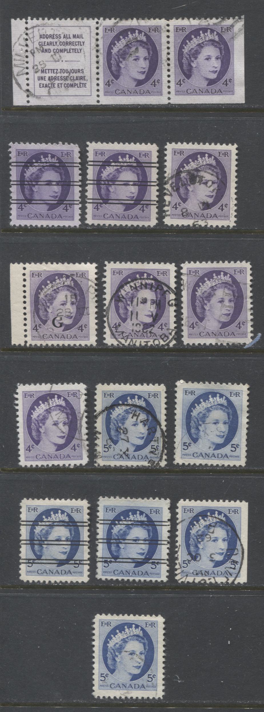Lot 510A Canada #340i, bs, iii, p, xx, O43ii, 341p, i, xx, ii, bs 4c-5c Violet & Bright Blue Queen Elizabeth II, 1954-1962  Wilding Issue, 13 VF Used Singles & 1 Booklet Strip of 3, Precancels, Booklet Singles, Cello-Paq Singles Fluorescent & HB Papers,