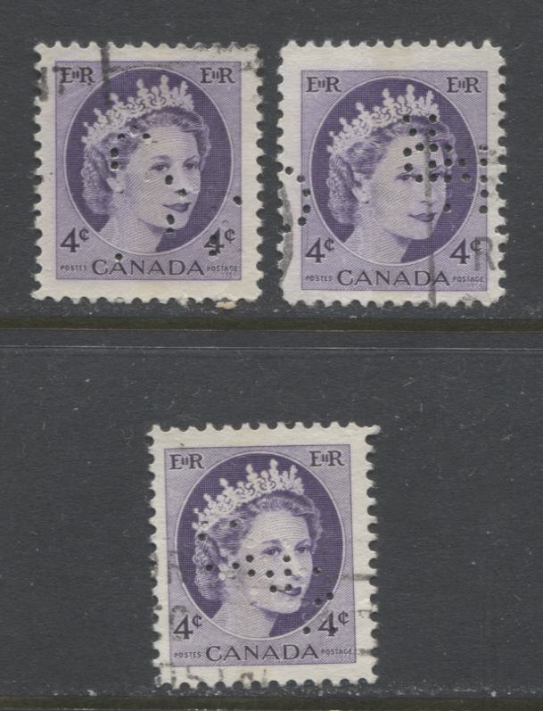 Lot 511 Canada #340pvar 4c Violet Queen Elizabeth II, 1954-1962  Wilding Issue, 3 VF Used Singles, With CNR Upright & Inverted Perfin, Winnipeg CPR Perfin, All Winnipeg Tagged