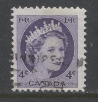Lot 512 Canada #340pvar 4c Violet Queen Elizabeth II, 1954-1962  Wilding Issue, A Fine Single, With Irregular Width Tag bar: Normal 4 mm Most Of The way Down, But 9-10mm Wide At Top