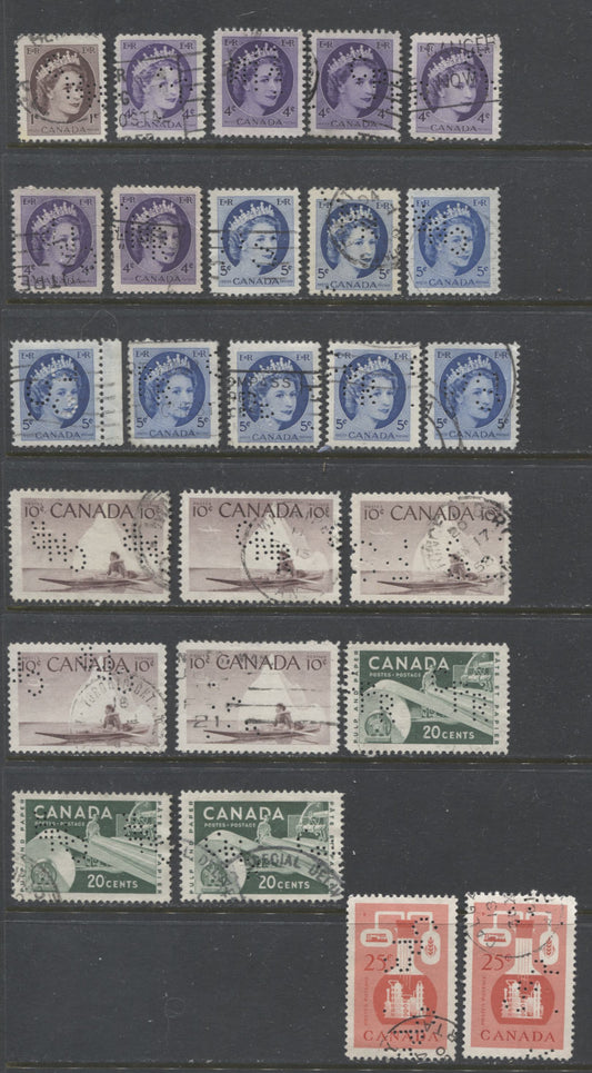 Lot 516 Canada #337var, 340var, 341var, 351var, 362var, 363var 1c-25c Violet Brown - Vermilion Various Subjects, 1954-1962  Wilding Issue, 25 VF Used Singles, With Various CNR, CPR and PS Perfins In Various Positions