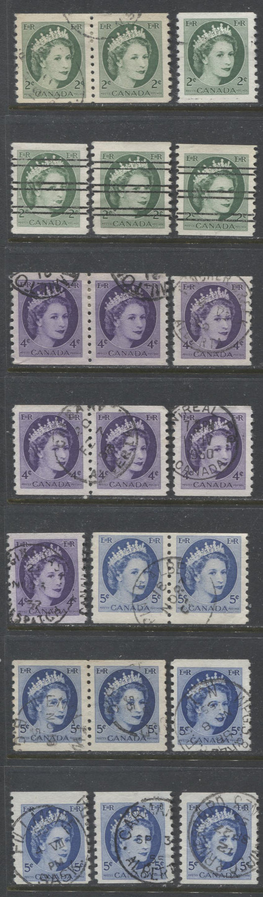 Lot 517 Canada #345, xx, 347, 348 2c, 4c, 5c Green, Violet & Bright Blue, 1954-1962  Wilding Issue, 11 VF Used Coil Singles & 5 Pairs, Smooth & Veritcal Ribbed Papers, Many SON Town Cancels, Includes Precancel On Unlisted Fluorescent Paper