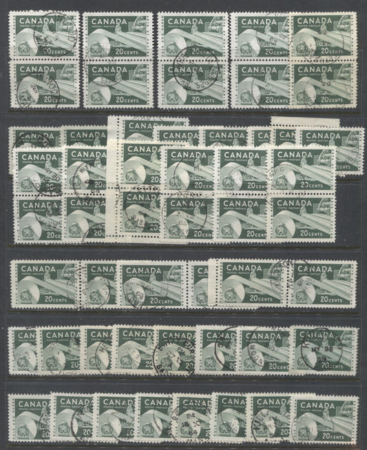 Lot 519 Canada #362, 362i 20c  Dark Green Paper Industry, 1954-1962  Wilding Issue, 27 VF Used Singles & 12 Pairs, With SON Dated CDS Town/RPO Cancels & In-Period