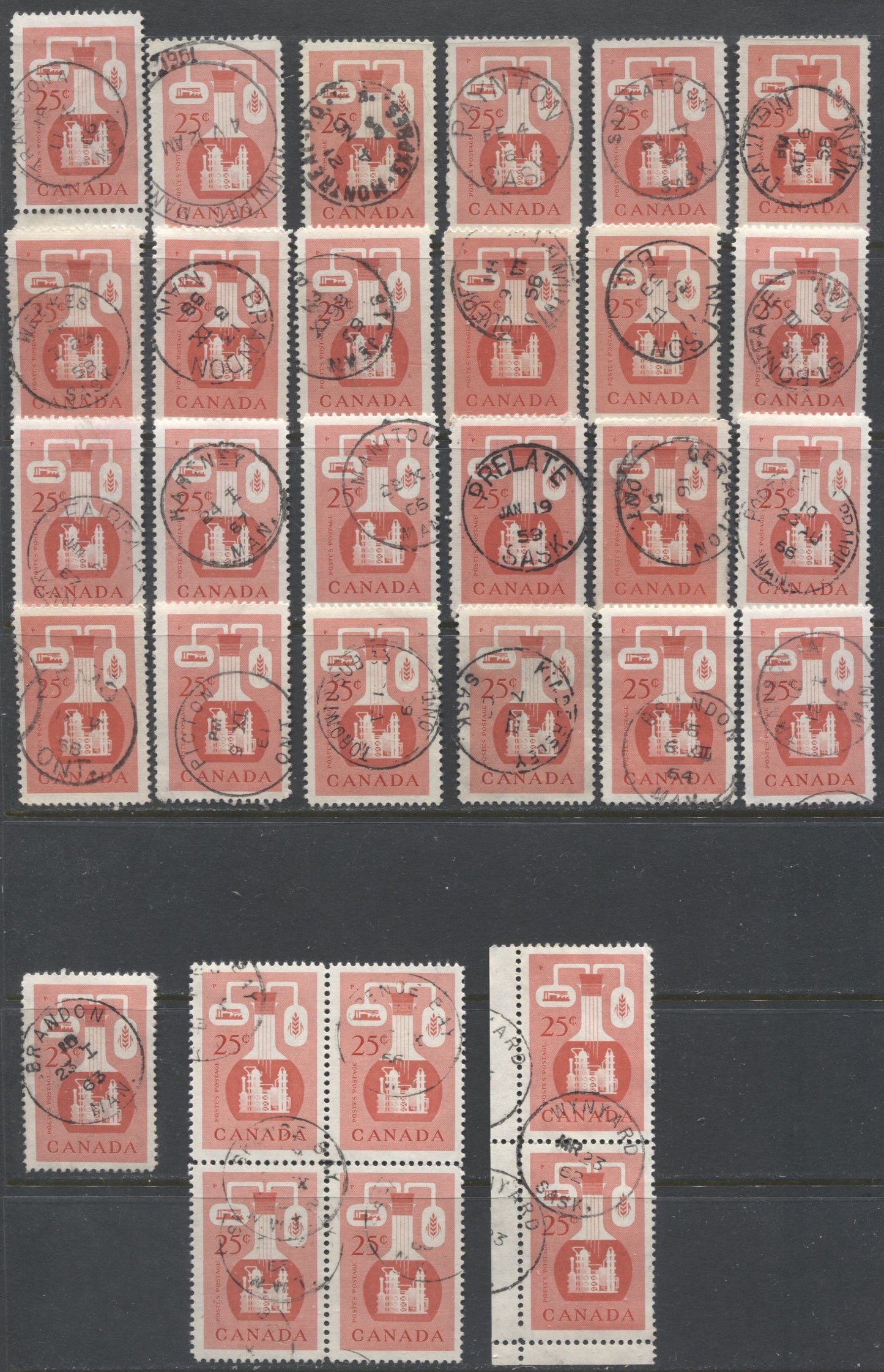 Lot 520 Canada #363 25c  Vermilion Chemical Industry, 1954-1962  Wilding Issue, 25 VF Used Singles, 1 Pair & Block Of 4, With SON Dated CDS Town Cancels & In-Period
