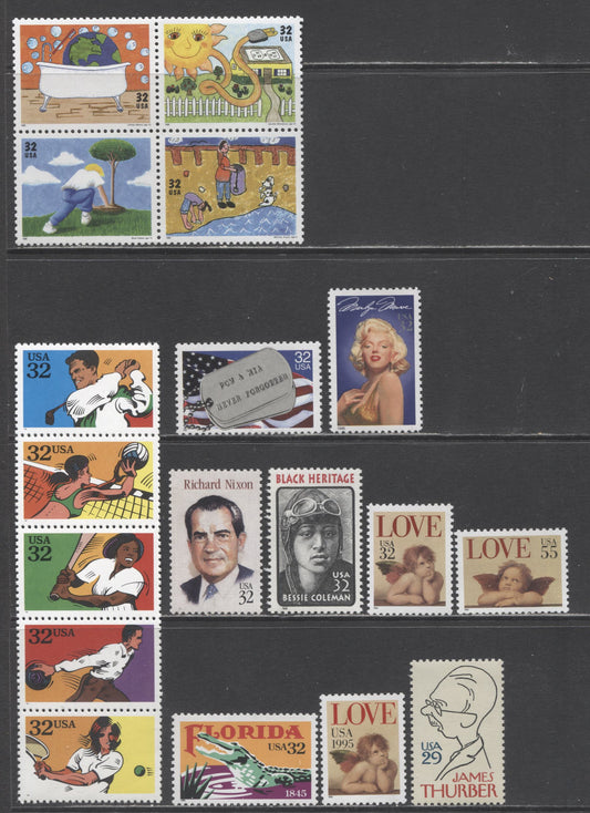 Lot 57 United States SC#2862/2967 1994 Thunder, Love, Nixon, Black Heritage, Florida Statehood, ROW, Marilyn Monroe, Recreational Sports & Earth Day Issues, 11 VFNH Singles, Block Of 4 & Strip Of 5,  2017 Scott Cat. $12.45