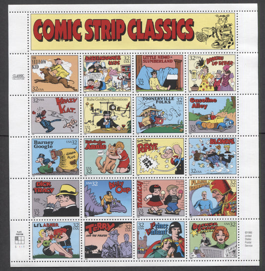 Lot 64 United States SC#3000 32c Multicolored 1995 Comic Strips Issue, A VFNH Sheet Of 20, Click on Listing to See ALL Pictures, 2017 Scott Cat. $13