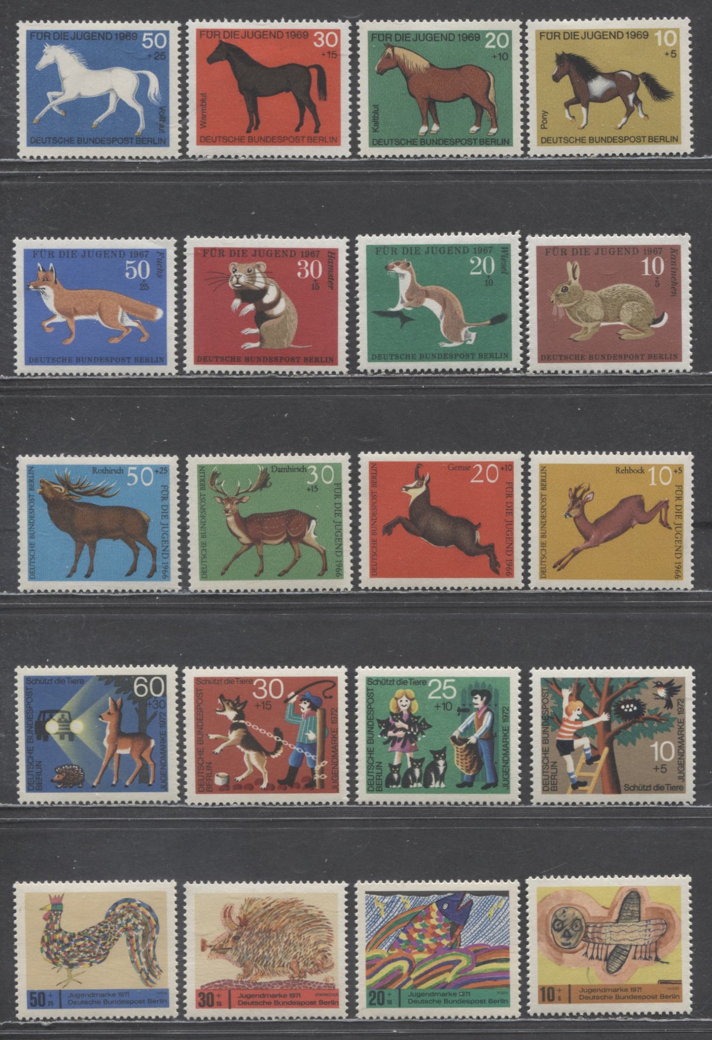 Lot 7 Germany-Berlin SC#9NB37/9NB91 1966-1972 Animals, Horses, Childrens Drawings & Animal Protection Issues, 20 VFNH/OG Singles, Click on Listing to See ALL Pictures, 2017 Scott Cat. $9.5