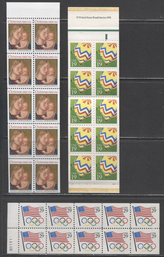 Lot 81 United States SC#2530a/2578a 1991 Balloon, Flag/Olympics & Christmas Issues, 3 VFNH Blocks Of 10 & Booklet Of 20, Click on Listing to See ALL Pictures, 2017 Scott Cat. $16