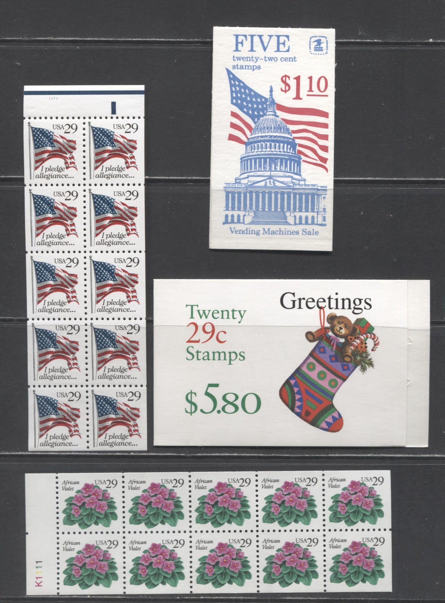 Lot 90 United States SC#2116a/2872a 1985-1993 Flag Over Capital, Flowers & Pledge Of Allegiance Issues, 4 VFNH Blocks Of 10 & Booklets Of 5 & 20, Click on Listing to See ALL Pictures, 2017 Scott Cat. $27