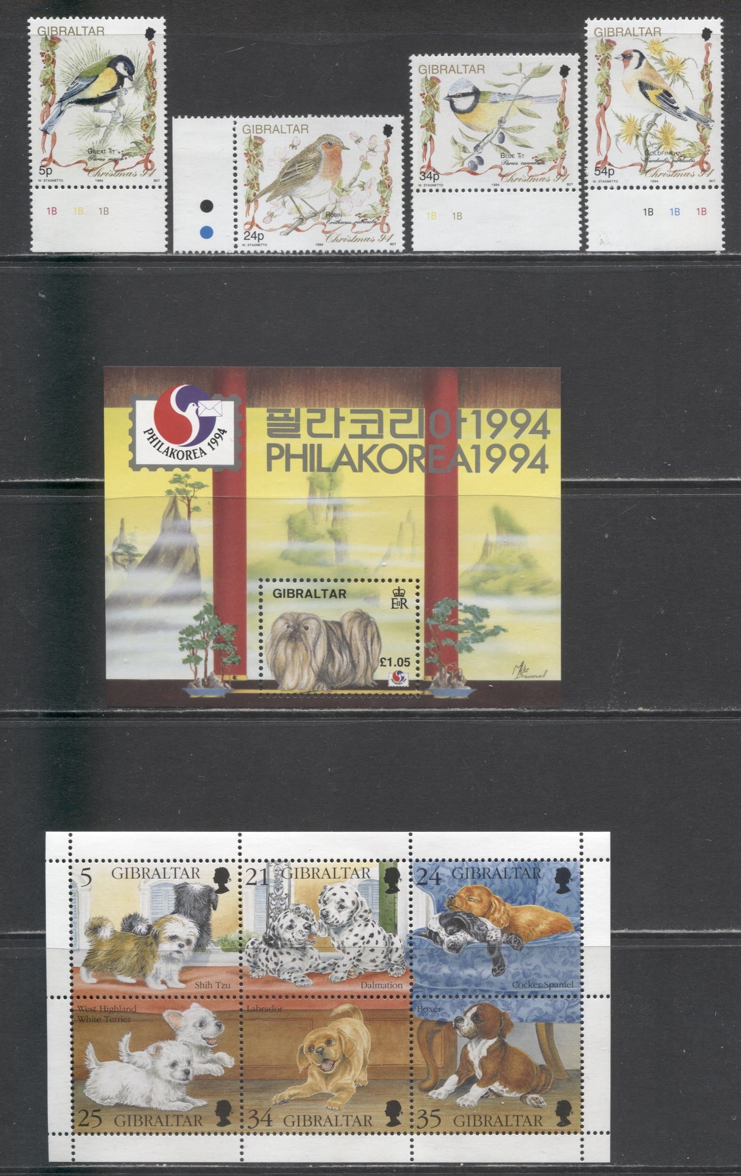 Lot 9 Gibraltar SC#661/702 1994-1996 Phila Korea '94, Songbird & Puppies Issues, 6 VFNH/OG Singles & Souvenir Sheets, 2017 Scott Cat. $19.8