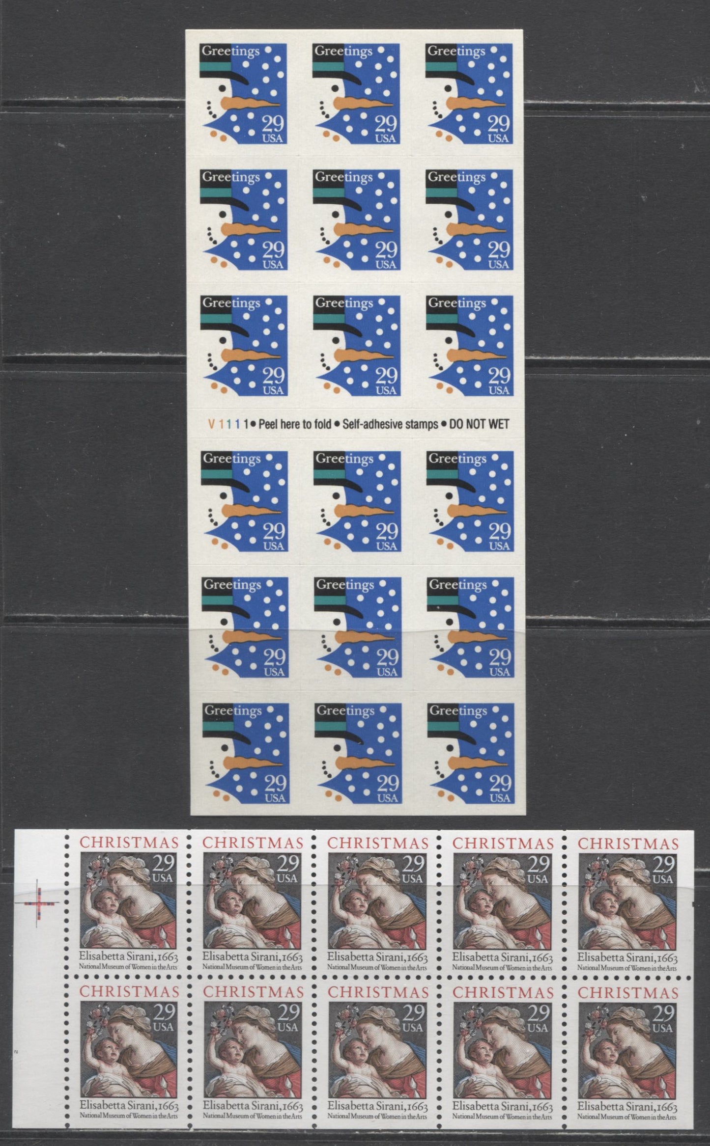 Lot 91 United States SC#2803a/2871Ab 1993-1994 Christmas Issue, 2 VFNH Blocks Of 18 & 10, Click on Listing to See ALL Pictures, 2017 Scott Cat. $17.25