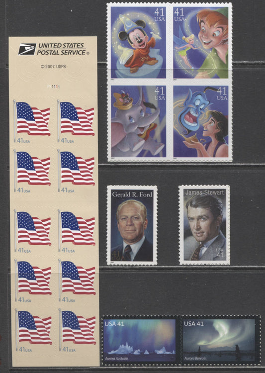 Lot 11 United States SC#4024a/4199 2007 Flag, Art Of Disney, Auroras, Legends Of Hollywood & Gerald R Ford Issues, 5 VFNH Singles, Pair, Block Of 4 & Pane Of 10, Click on Listing to See ALL Pictures, 2017 Scott Cat. $16.25