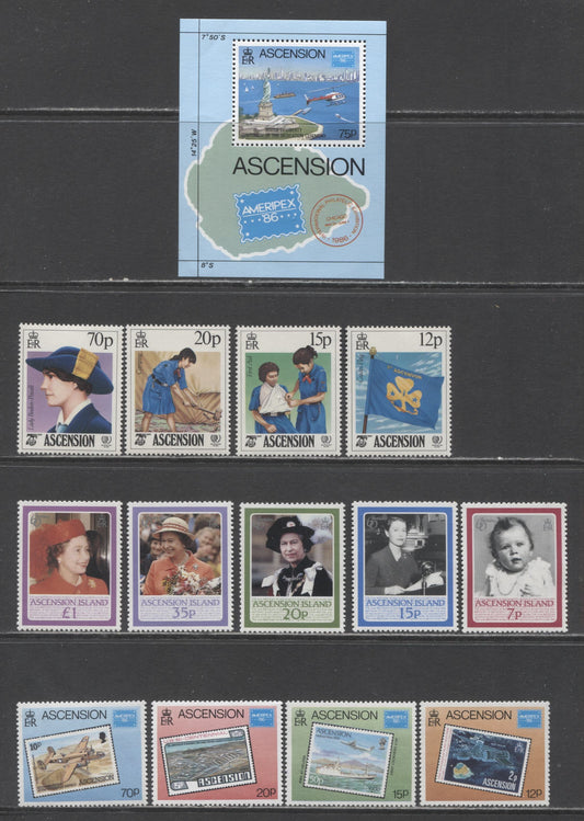Lot 156 Ascension SC#377/398 1985-1986 International Youth Year, Queen Elizabeths 60th Birthday & Ameripex '86 Issues, 14 VFNH Singles & Souvenir Sheet, 2017 Scott Cat. $13.55