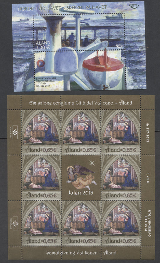 Lot 183 Aland Islands SC#350/354 2013-2014 Christmas & Bridge Of Freighter Issues, 2 VFNH Souvenir Sheet & Sheet Of 8+Label, Click on Listing to See ALL Pictures, 2017 Scott Cat. $22.5