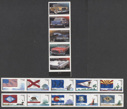 Lot 19 United States SC#4277a/4357a 2008 Automobiles Of The 50s & Flags Of Our Nation Issues, 3 VFNH Strips Of 5, Click on Listing to See ALL Pictures, 2017 Scott Cat. $14.25