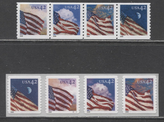 Lot 20 United States SC#4231a/4247a 2008 Flags Issue, Perfs 9.75 & 11 Vertical, Rounded Corners, 2 VFNH Strips Of 4, Click on Listing to See ALL Pictures, 2017 Scott Cat. $16