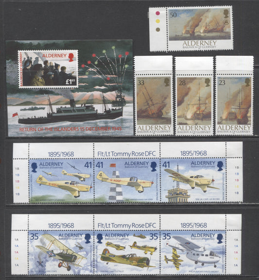 Lot 208 Alderney SC#65/90 1992-1995 Battle Of La Hogue, Aircraft & Return Of Islanders Issues, 7 VFNH Singles, Strips Of 3 & Souvenir Sheet , Click on Listing to See ALL Pictures, 2017 Scott Cat. $21.5