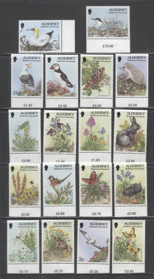 Lot 209 Alderney SC#70-87 1994-1995 Flora/Fauna Issue, 18 VFNH Singles, Click on Listing to See ALL Pictures, 2017 Scott Cat. $15.8