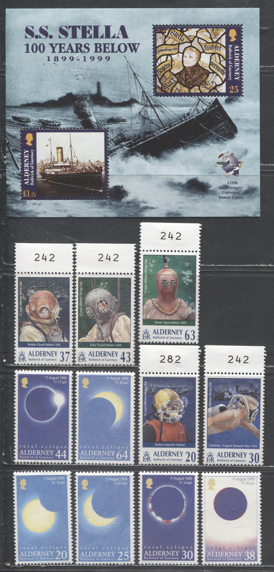 Lot 211A Alderney SC#114/133 1998-1999 Diving Club, Wreck Of SS Stella & Eclipse Issues, 12 VFNH Singles & Souvenir Sheet, Click on Listing to See ALL Pictures, 2017 Scott Cat. $20.9
