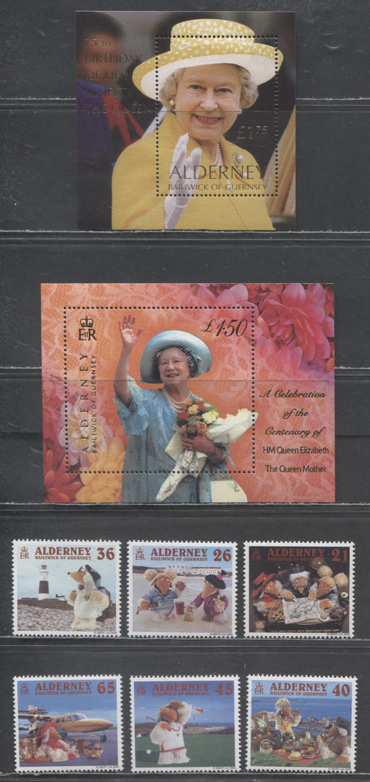 Lot 212 Alderney SC#148/154 2000-2001 Queen Mother/QE 75th Birthday Issues, 6 VFNH Singles & Souvenir Sheet, Click on Listing to See ALL Pictures, 2017 Scott Cat. $18.75