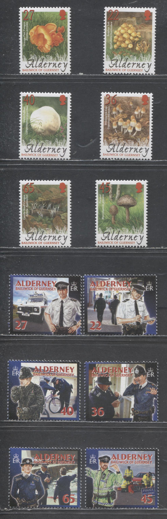 Lot 216 Alderney SC#215-226 2003-2004 Police & Fungi Issues, 12 VFNH Singles, Click on Listing to See ALL Pictures, 2017 Scott Cat. $18.2