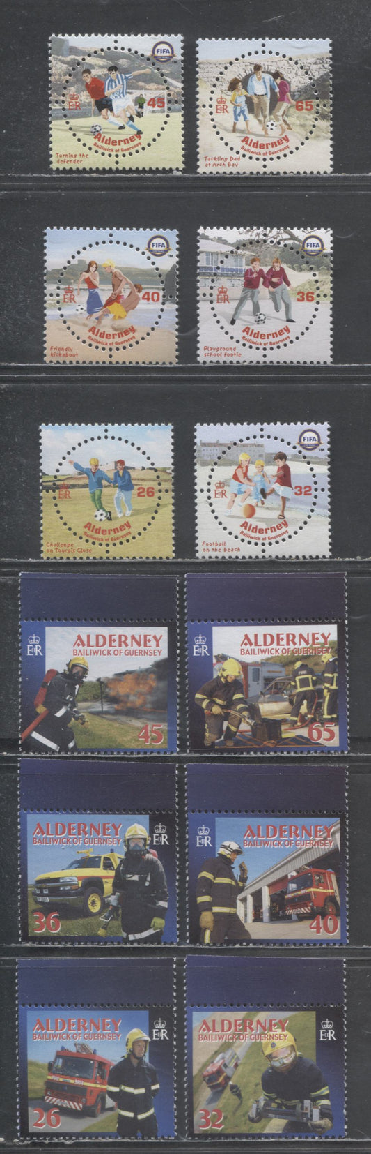 Lot 217 Alderney SC#227/244 2004 FIFA & Fire Services Issues, 12 VFNH Singles, Click on Listing to See ALL Pictures, 2017 Scott Cat. $19
