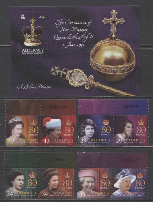 Lot 219 Alderney SC#202/272 2003-2006 Coronation Of QE II & QE II 80th Birthday Issues, 5 VFNH Singles & Souvenir Sheet, Click on Listing to See ALL Pictures, 2017 Scott Cat. $20