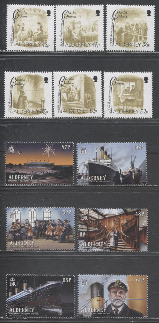 Lot 229 Alderney SC#428-439 2012 Titanic & Charles Dickens Issues, 12 VFNH Singles, Click on Listing to See ALL Pictures, 2017 Scott Cat. $19.8