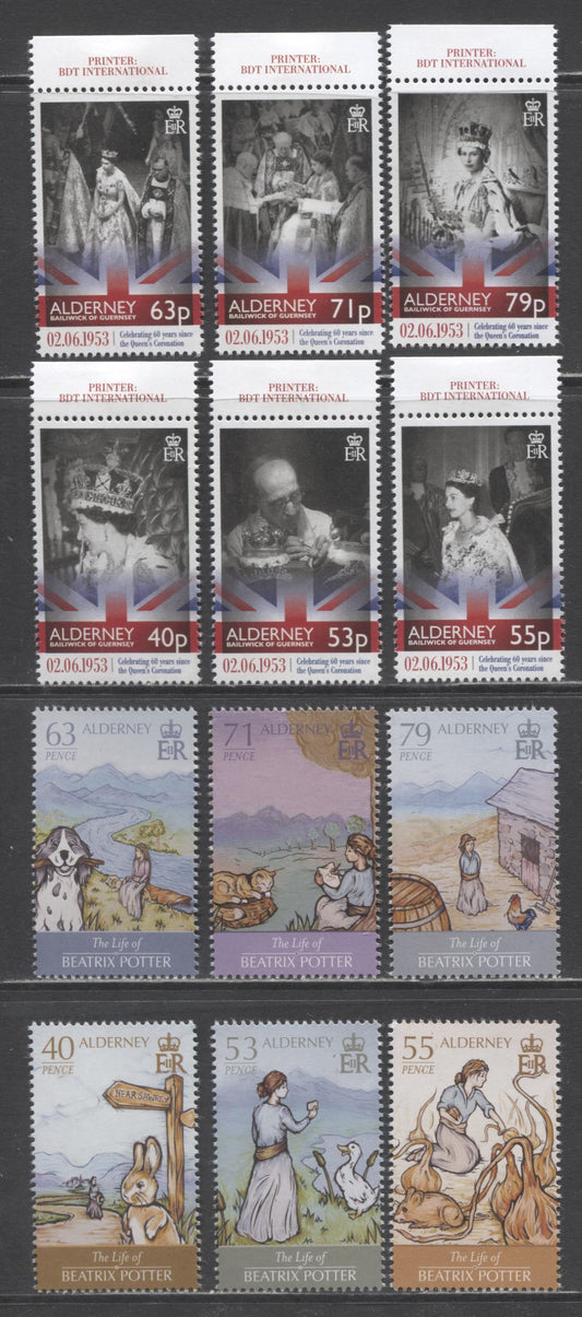 Lot 231 Alderney SC#465-476 2013 QE II Coronation & Beatrix Potter Issues, 12 VFNH Singles, Click on Listing to See ALL Pictures, 2017 Scott Cat. $23