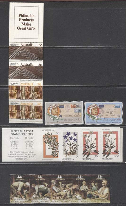Lot 237 Australia SC#890/1049a 1984-1987 50th Anniversary Official Airmail, Wildflowers, Click Goes The Shears & Aboriginal Craft Issues, 5 VFNH Singles, Strip Of 5 & Booklets Of 10, Click on Listing to See ALL Pictures, 2017 Scott Cat. $12.25