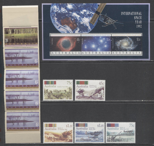 Lot 239 Australia SC#1248c/1260a 1992 Wetlands, International Space Year & Australian Battles Issues, 7 VFNH Singles, Souvenir Sheet & Booklet Of 5, Click on Listing to See ALL Pictures, 2017 Scott Cat. $13.25