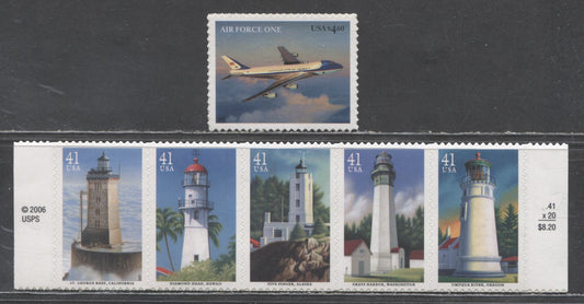Lot 3 United States SC#4144/4150a 2007 Presidential Aircraft & Pacific Lighthouses, 2 VFNH Single & Strip Of 5, Click on Listing to See ALL Pictures, 2017 Scott Cat. $15.25