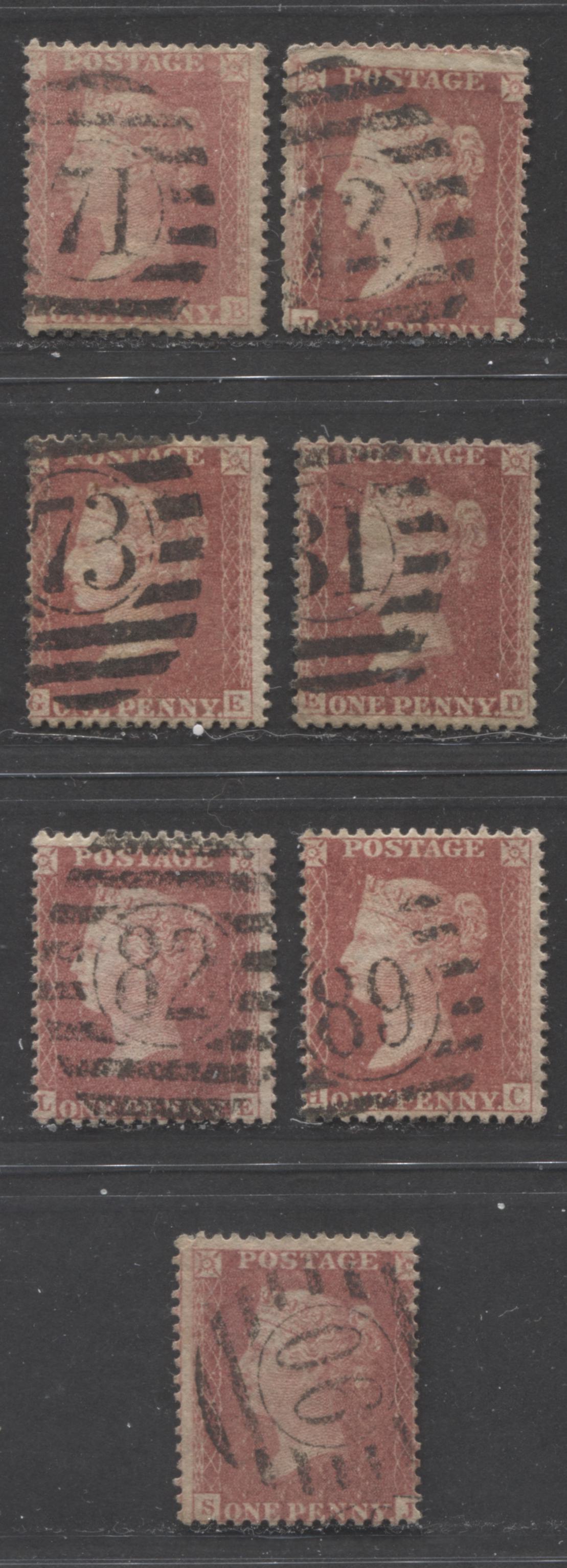 Lot  321 Great Britain - Vertical Numeral London Duplex Cancels SC#20 1d Rose Red & Pale Rose Red 1857-1863 1d Red Stars, Large Crown, White Paper, Perf. 14 Issue, 71-73, 81-82, 89-90 , 7 Good & VG Used Singles, Estimated Value $20