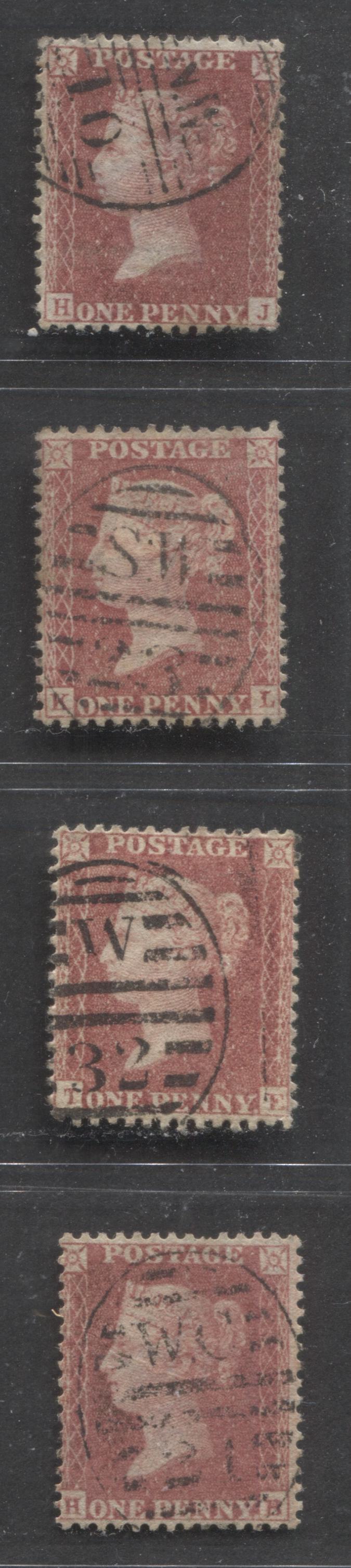 Lot  341 Great Britain - Dubus Type 3, 3R, 5, & 8 Vertical Numeral London Duplex Cancels  SC#20 1d Rose Red 1857-1863 1d Red Stars, Large Crown, White Paper, Perf. 14 Issue, W#32, SW #23, NW #10 And WC #21, 4 VF Used Singles, Estimated Value $50