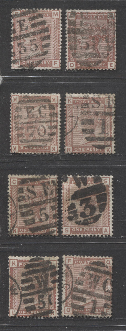 Great Britain - Dubus Type Vertical Numeral London Duplex Cancels SC#79 1d Brown 1880-1881 No Corner Letters, Wmk Imperial Crown Issue, W #3, 50, WC #1, E #35, EC #58, 70, And SE #17 & 5, 8 Good & VG Used Singles, Estimated Value $27