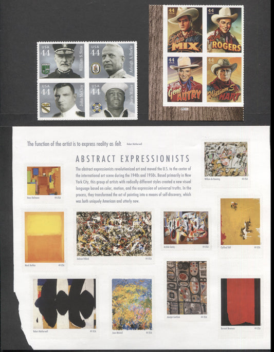 Lot 39 United States SC#4443a/4449a 2010 Distinguished Sailors, Abstract Expressionists & Cowboys Of The Silver Screen Issues, 3 VFNH Blocks Of 4 & Sheet Of 10, Click on Listing to See ALL Pictures, 2017 Scott Cat. $20