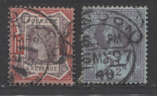 Lot  401 Great Britain - CDS & Split Ring Cancels SC#114/121 1887-1900 Jubilee Issue, Arched East Central London CDS Cancels, 2 Fine Used Singles, Estimated Value $23