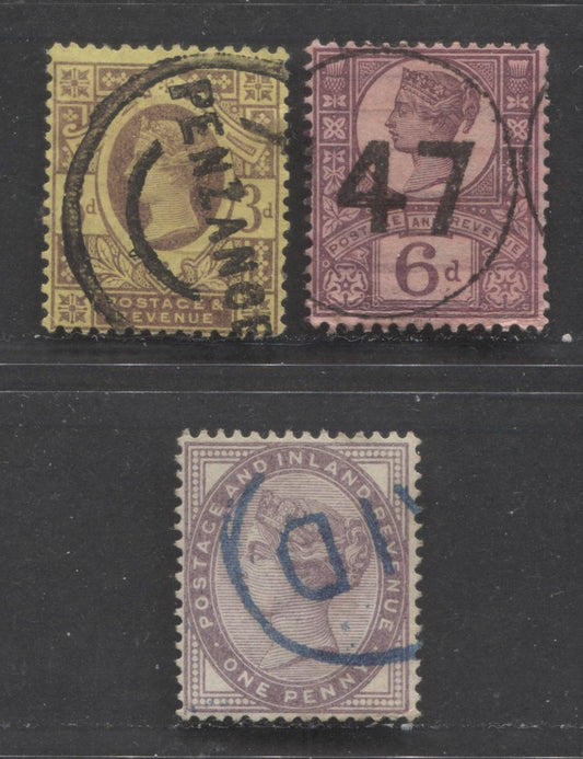 Lot  402 Great Britain - Parcel, Circular Numeral & Paid Cancels SC#89/119 1887-1900 Jubilee Issue, Penzance Parcel Cancel, #47 Encircled Numeral and Blue Paid In Circle , 3 VG, Fine & VF Used Singles, Estimated Value $6