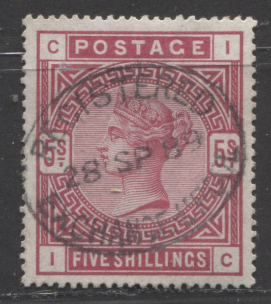 Lot  405 Great Britain - Oval Registered Cancels SC#108 5/- Carmine Rose 1884 High Value Issue, September 28, 1889 Liverpool Exchange Oval Registry Cancel, A VF Used Single, 2022 Scott Classic Cat. $375
