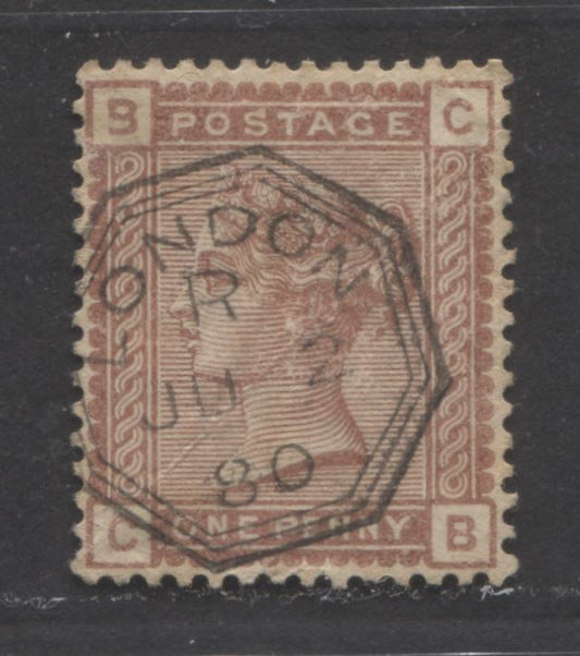 Lot  407 Great Britain - Octagonal Cancellations SC#79 1d Reddish Brown 1880-1881 No Corner Letters, Wmk Imperial Crown Issue, June 2, 1880 London, Diagonal Crease, A VG Used Single, Estimated Value $2