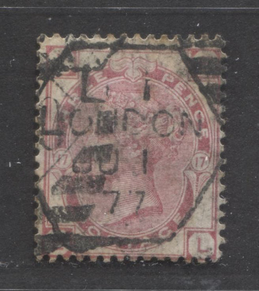 Lot  408 Great Britain - Hexagonal Duplex Cancellations SC#61 3d Rose 1873-1880 Large Coloured Corner Letters, Spray Wmk, June 1, 1877 London Late Fee, Plate 17, A VG Used Single, Estimated Value $10
