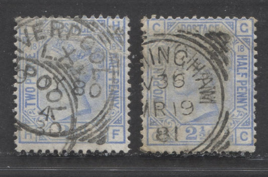 Lot  409 Great Britain - Squared Circle Cancels SC#68 2.5d Ultramarine 1876-1880 Large Coloured Corner Letters, Orb Wmk Issue, Plate 18, July 1880 Liverpool & March 19, 1881 Birmingham, 2 VG Used Singles, Estimated Value $25