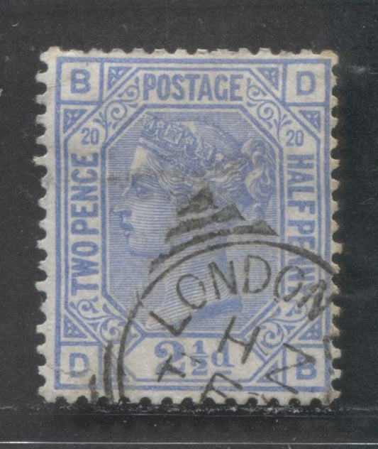 Lot  410 Great Britain - Squared Circle Cancels SC#68 2.5d Ultramarine 1876-1880 Large Coloured Corner Letters, Orb Wmk Issue, London, Plate 20, Small Tear At Lower Left, A VG Used Single, Estimated Value $15