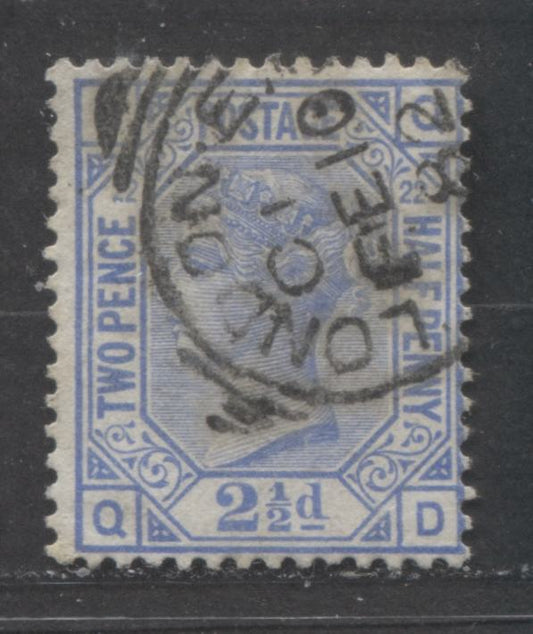 Lot  412 Great Britain - Squared Circle Cancels SC#82 2.5d Ultramarine 1880-1881 Large Coloured Corner Letters, Imperial Crown Wmk, London, February 10, 1881, Plate 22, A Fine Used Single, Estimated Value $25