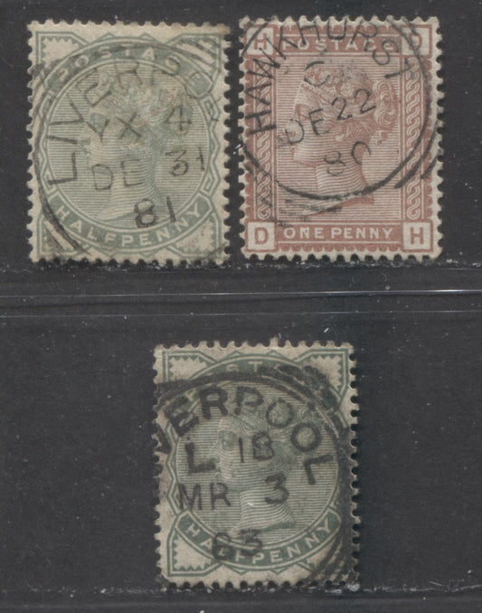 Lot  414 Great Britain - Squared Circle Cancels SC#78-79 1880-1881 No Corner Letters, Wmk Imperial Crown Issue, December 3, 1881 & March 3, 1883 Liverpool & December 22, 1880 Hawkhurst, 3 Fine & VF Used Singles, Estimated Value $40