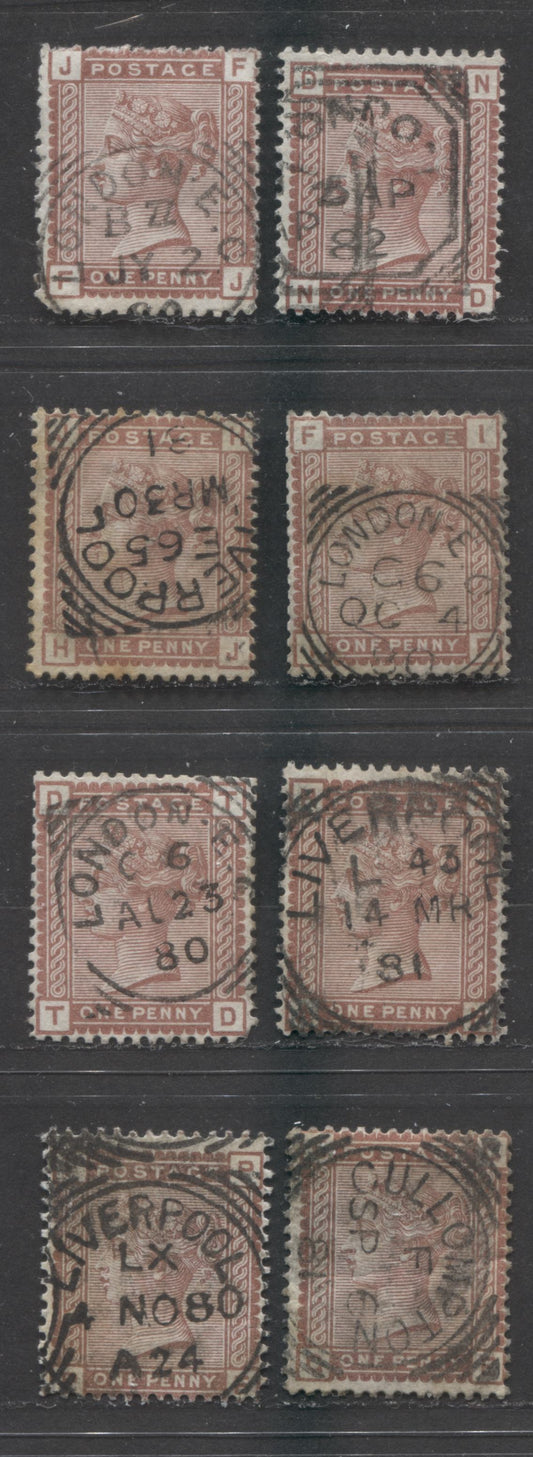 Lot  415 Great Britain - Squared Circle Cancels SC#79 1d Reddish Brown 1880-1881 No Corner Letters, Wmk Imperial Crown Issue, Various Cities, Different From Lot 416, 8 VG, and F Used Singles, Estimated Value $33