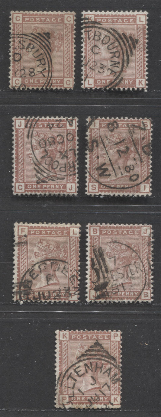 Lot  416 Great Britain - Squared Circle Cancels SC#79 1d Reddish Brown 1880-1881 No Corner Letters, Wmk Imperial Crown Issue, Various Cities, Different From Lot 415, 7 VG, Fine & VF Used Singles, Estimated Value $65