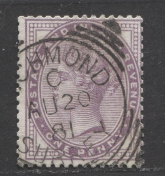 Lot  417 Great Britain - Squared Circle Cancels SC#88 1d Lilac 1881 Inland Revenue, Wmk Imperial Crown Issue, August 20, 1881 Richmond, Surrey, The 14 Dot Type, A VG-F Used Single, Estimated Value $10