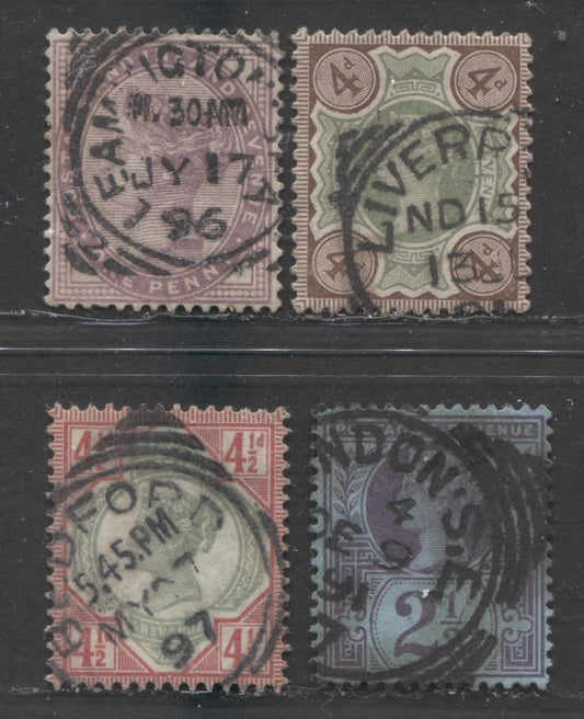 Lot  418 Great Britain - Squared Circle Cancels SC#89/117 1887 Inland Revenue & Jubilee Issues, All Different Cities, 4 VG & Fine Used Singles, Estimated Value $20